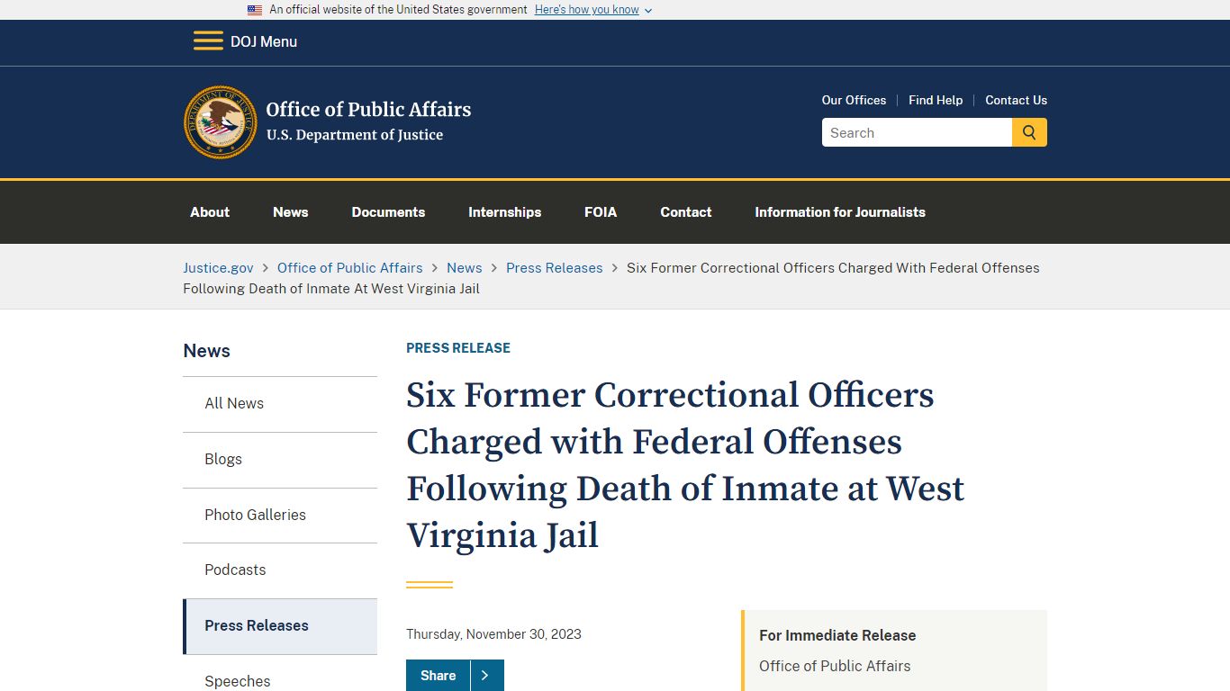 Six Former Correctional Officers Charged with Federal Offenses ...